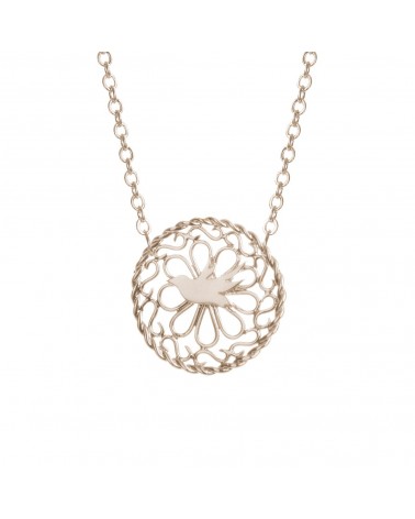 Épithètes – Collier argenté médaillon filigrane avec volutes et oiseau colombe