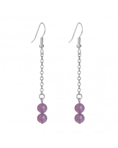 Épithètes : Boucles d'oreilles argentées pendantes longues chaîne fine et perles en pierres naturelles améthyste