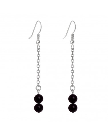 Épithètes : Boucles d'oreilles argentées pendantes longues chaîne fine et perles en pierres naturelles onyx