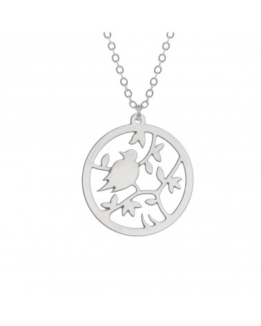 Épithètes - Collier argenté médaillon ajouré motif oiseau sur branche et feuillage