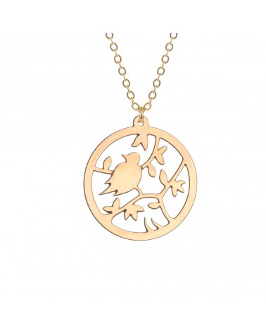 Épithètes - Collier doré à l'or fin médaillon ajouré oiseau sur branche et feuillage