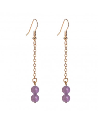 Épithètes : Boucles d'oreilles dorées à l'or fin pendantes longues chaîne fine et perles en pierres naturelles améthyste