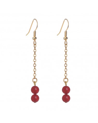 Épithètes : Boucles d'oreilles dorées à l'or fin pendantes longues chaîne fine et perles en pierres naturelles cornaline