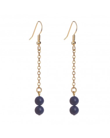 Épithètes : Boucles d'oreilles dorées à l'or fin pendantes longues chaîne fine et perles en pierres naturelles lapis-lazuli
