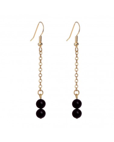 Épithètes : Boucles d'oreilles dorées à l'or fin pendantes longues chaîne fine et perles en pierres naturelles onyx