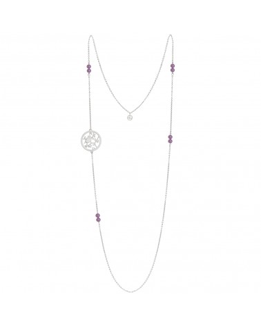 Épithètes : Collier sautoir argenté médaillon ajouré oiseau sur branche et feuillages et perles en améthyste