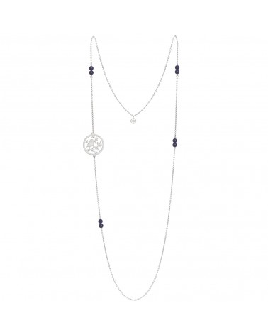 Épithètes : Collier sautoir argenté médaillon ajouré oiseau sur branche et feuillages et perles en lapis-lazuli