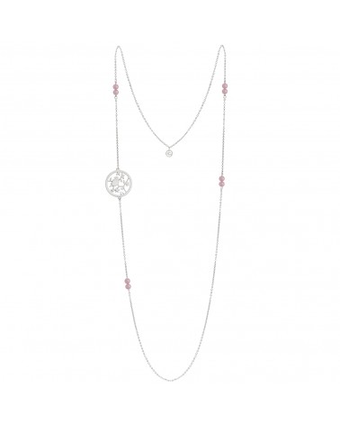 Épithètes : Collier sautoir argenté médaillon ajouré oiseau sur branche et feuillages et perles en pierre naturelle quartz rose