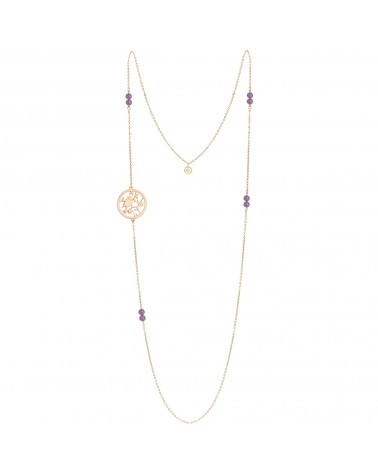 Épithètes : Collier sautoir doré à l'or fin médaillon ajouré oiseau sur branche et feuillages et perles en pierre améthyste