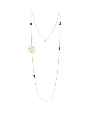 Épithètes : Collier sautoir doré à l'or fin médaillon ajouré oiseau sur branche et feuillages et perles en lapis-lazuli