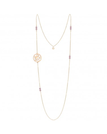 Épithètes : Collier sautoir doré à l'or fin médaillon ajouré oiseau sur branche et feuillages et perles en quartz rose