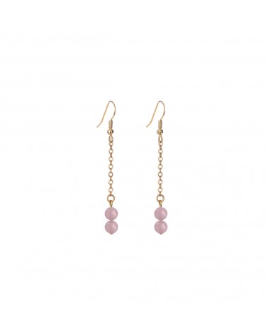 Épithètes : Boucles d'oreilles dorées à l'or fin pendantes longues chaîne fine et perles en pierres naturelles quartz rose