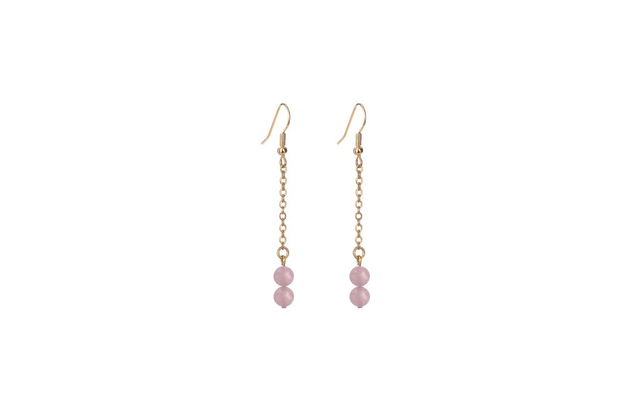 Épithètes : Boucles d'oreilles dorées à l'or fin pendantes longues chaîne fine et perles en pierres naturelles quartz rose