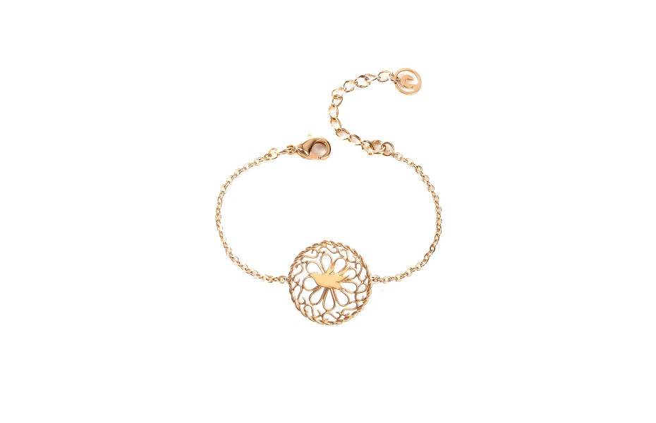 Épithètes – Bracelet doré à l'or fin médaillon filigrane avec rosace volutes arabesques et oiseau colombe