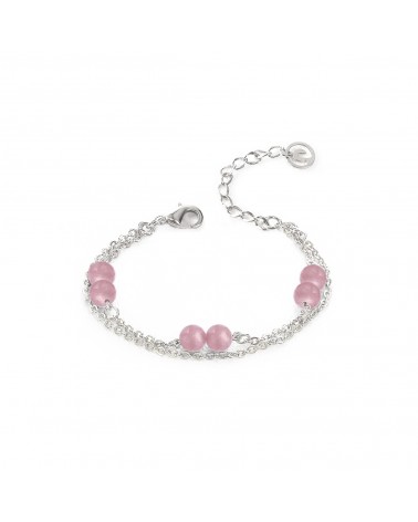 Épithètes : bracelet argenté double chaîne et perles en pierres naturelles quartz rose