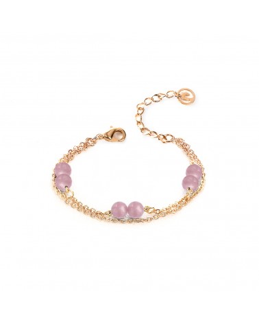 Épithètes : bracelet doré à l'or fin double chaîne et perles en pierres naturelles quartz rose