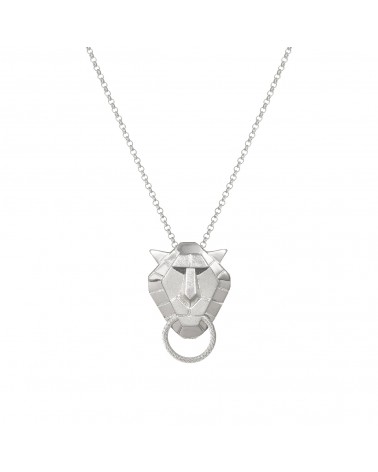 Épithètes - Collier argenté tête de Lion géométrique avec anneau ciselé passant dans sa gueule