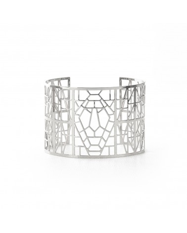 Épithètes - Bracelet manchette large argenté ajouré avec motifs et de tête de Lion géométriques zoom