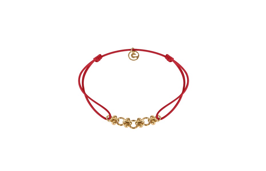 Épithètes - Bracelet cordon rouge taille ajustable et chaînette dorée fantaisie à gros anneaux pour femme